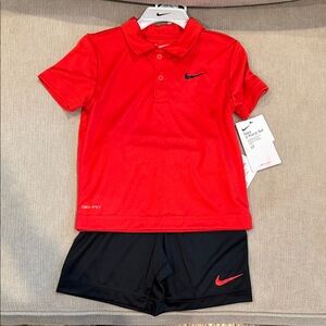 3T Nike Kids Red Polo Shirt with Black Shorts Set Dri-Fit